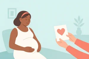 An illustration of a pregnant woman resting comfortably while receiving a greeting card with a heart symbol from another person, symbolizing care and appreciation for surrogate mothers.
