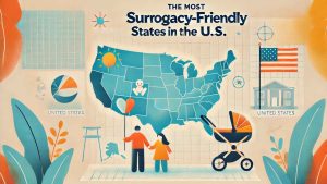 Best States for Surrogacy: A visually engaging horizontal illustration for an article about surrogacy-friendly states in the U.S. The image features a hopeful and inclusive them