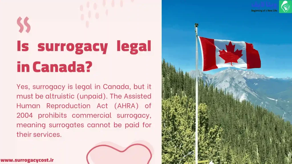 Infographic about surrogacy legality in Canada, featuring the Canadian flag and text.