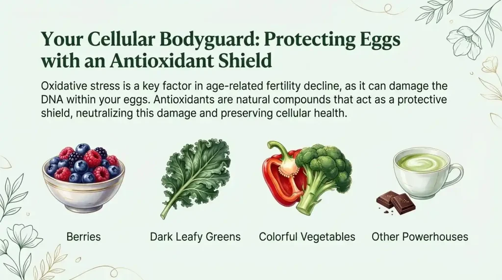 Illustration titled 'Your Cellular Bodyguard' showing berries, leafy greens, and colorful vegetables as an antioxidant shield for eggs.